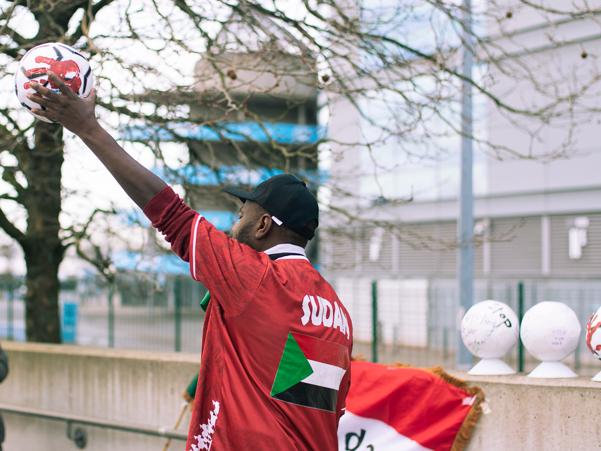 The Eyes on Sudan campaign was launched outside Man City's stadium (CSW)